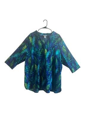 Maggie Barnes for Catherines 2X Tropical Leaf Print Blouse Blue Green Plus Size